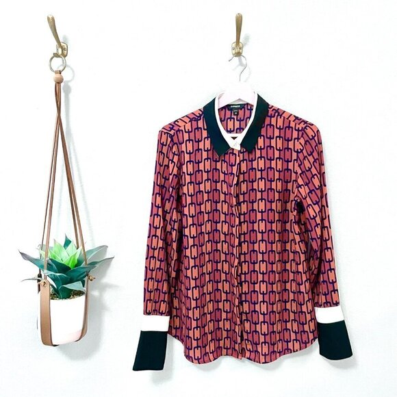 Express Orange Geometric Print Long-Sleeve Button-Front Top Women’s Size M - Picture 2 of 6